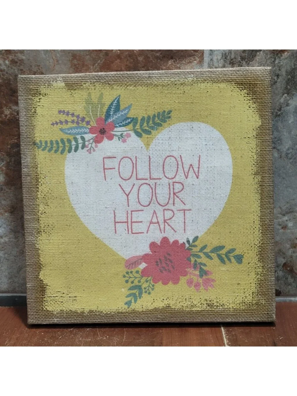 Follow Your Heart Rustic Burlap Canvas Wall Art Floral Heart Love Sign 12 x 12